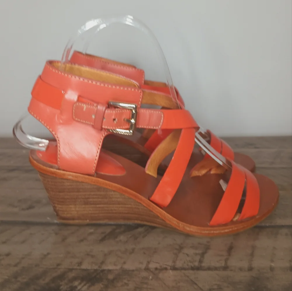 Coach Prue Patent and Leather Cross Cross Wedge Sandal